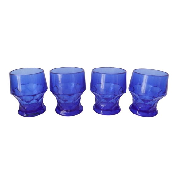 4 Vintage Viking Glass Georgian Hexagon Cobalt Blue Rocks Glasses - Picture 1 of 5